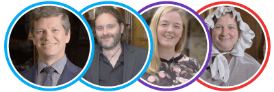 Shibden hall tour guides - richard, chris, angela,maid Richard and chris (blue), Angela (purple), Maid Elizabeth (red)